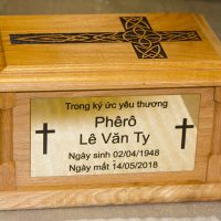 Ashes box with engraved brass plaque and laser engraved top.