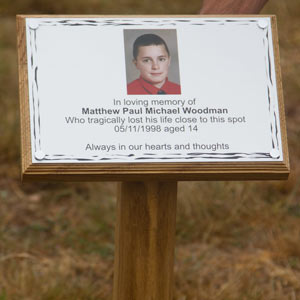 Coloured memorial plaque with backing board and tree stake. Coloured memorial plaque with backing board and tree stake.
