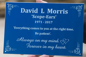 Blue aluminium memorial plaque. Blue aluminium memorial plaque.