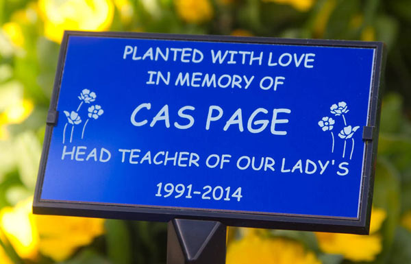 Laser engraved blue anodised aluminium memorial plaque. Laser engraved blue anodised aluminium memorial plaque.