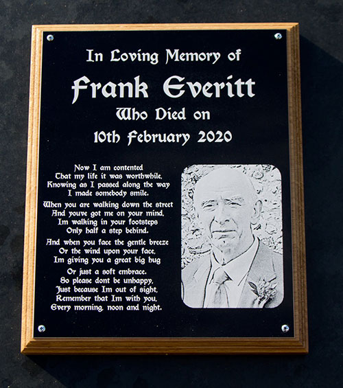 Laser etched photo memorial on black anodised aluminium. Laser etched photo memorial on black anodised aluminium.