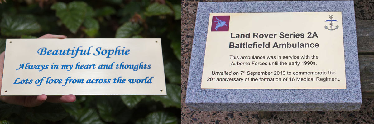 Interesting engraved brass plaques crafted at UK Memorials.