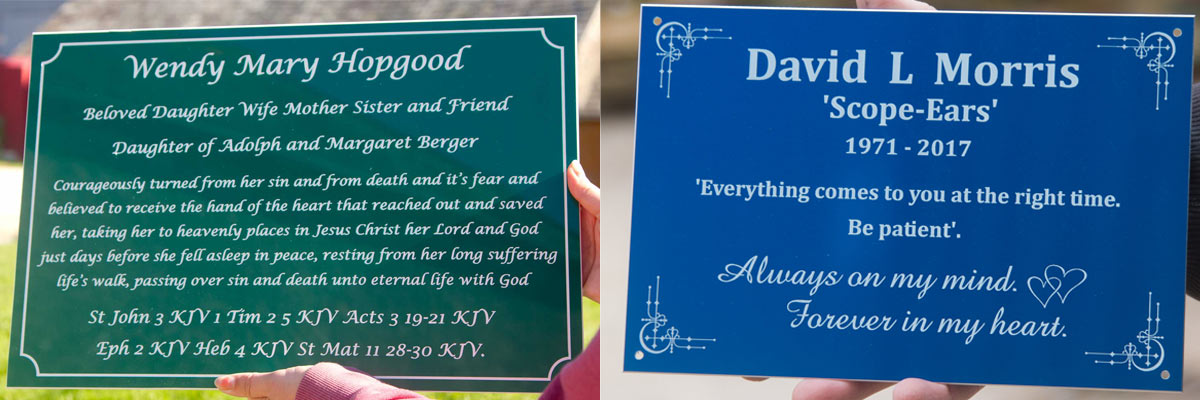 Unique colour memorial plaques in anodised aluminium.